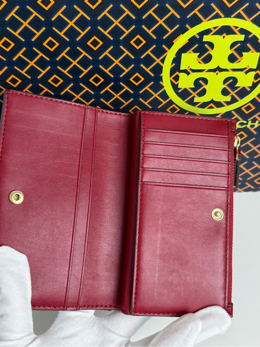 Tory Burch Red Quilted Patent Leather Continental Wallet with Gold Logo